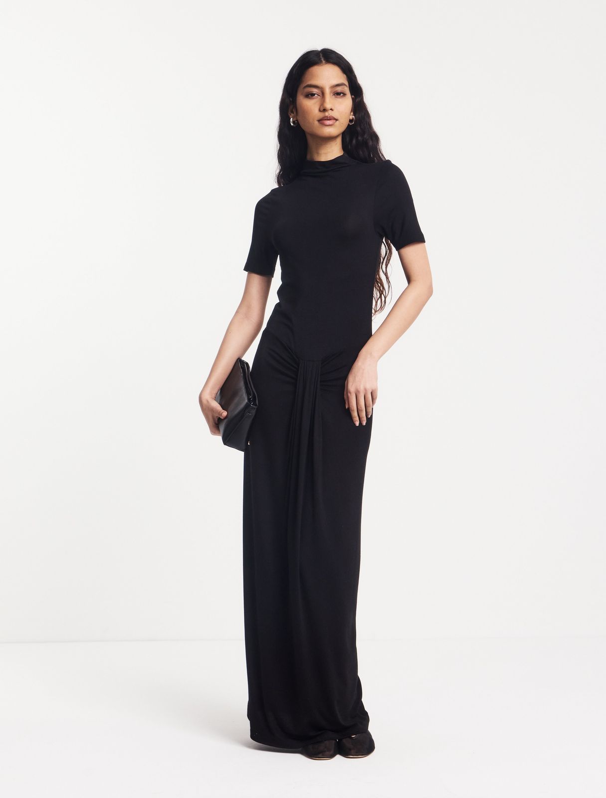 Nell Sarong Skirt Funnel Neck Dress In Black