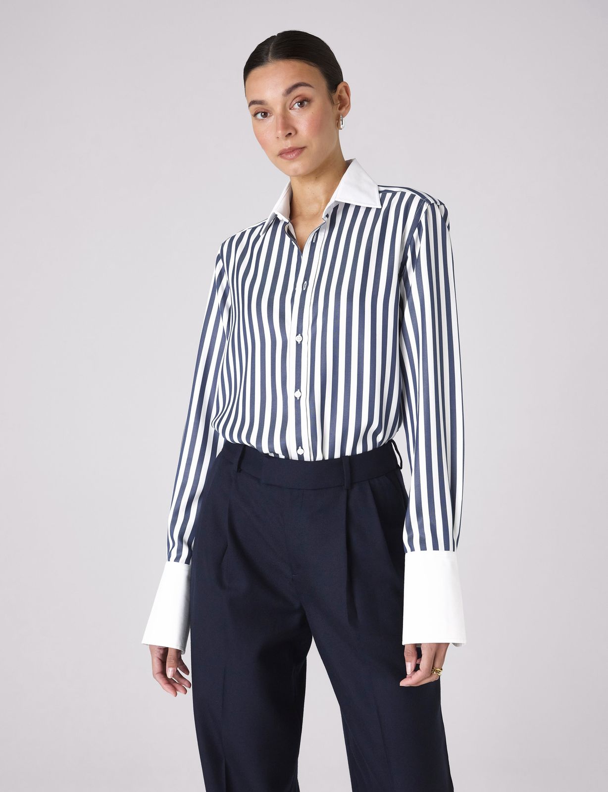 The Boyfriend Contrast Exaggerated Cuff: Tencel™ Lyocell, Navy Stripe