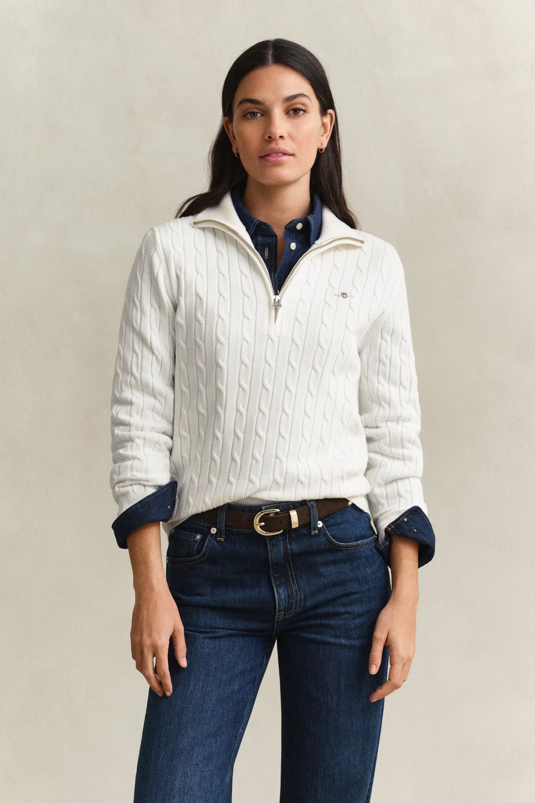 Stretch Cable Knit Half-Zip Sweater - MOSSY GREEN