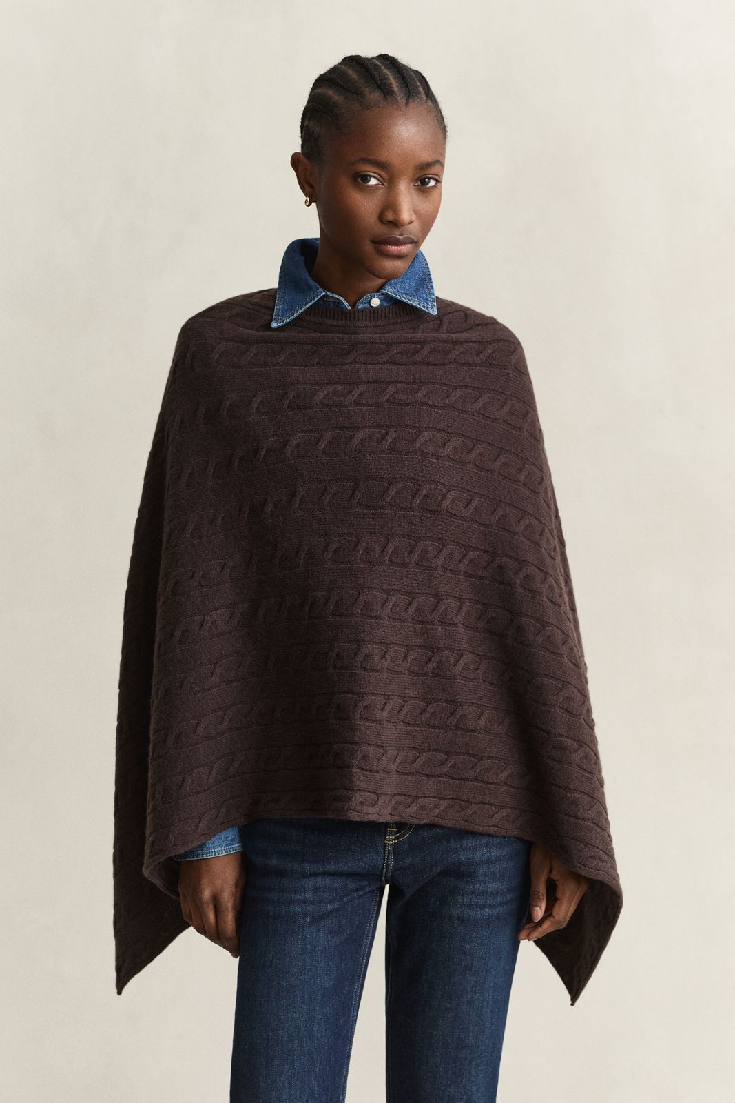 Wool Cable Knit Poncho - EVENING BLUE