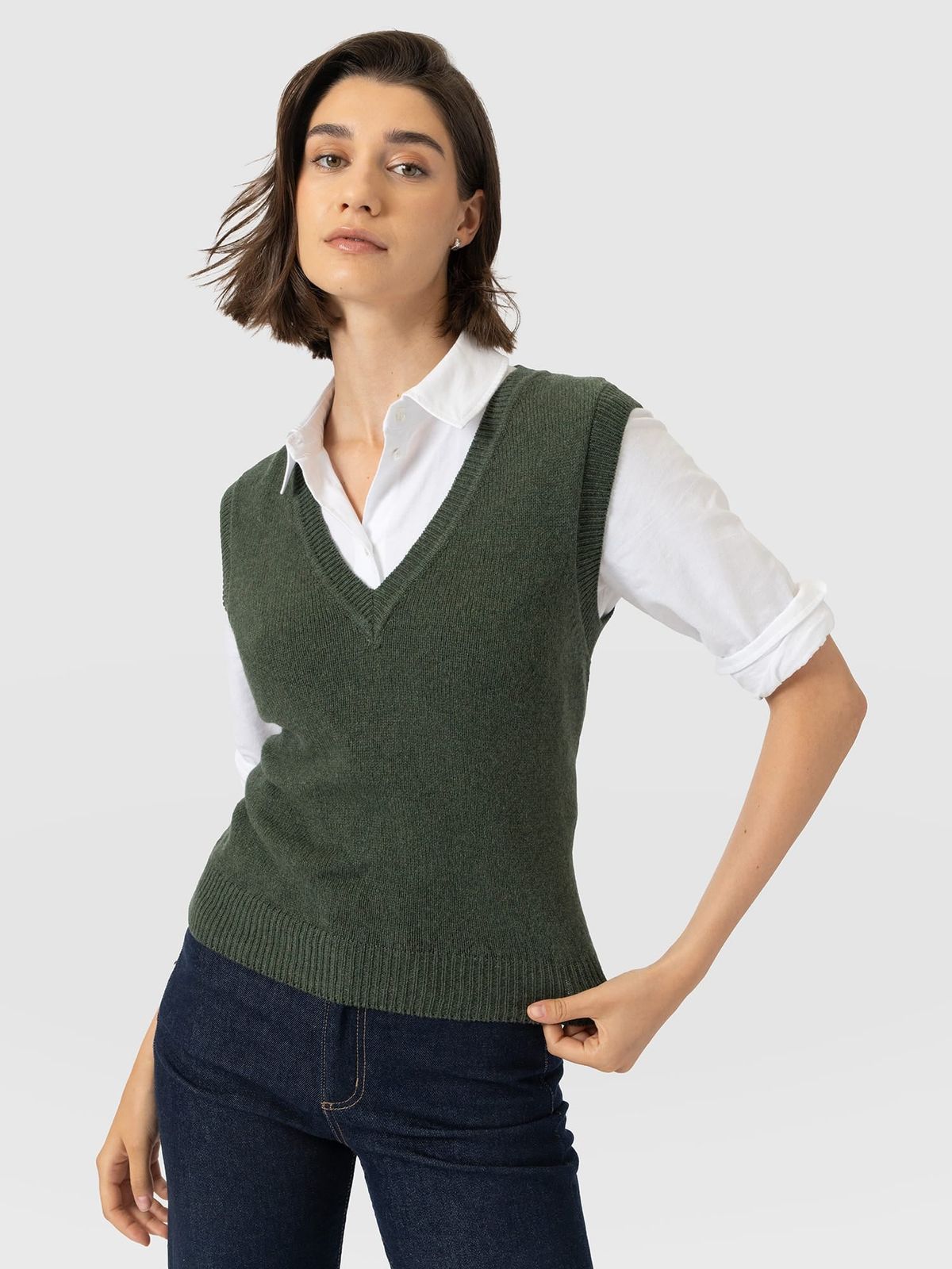 Oxford Cashmere V Neck Sleeveless Knit - Khaki