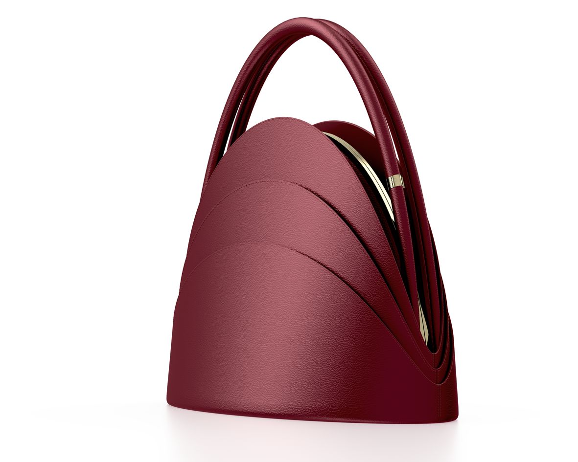 Medium Millefoglie handbag. Dark red calfskin and hawk's eye gemstone. 24k gold-plated jewellery accents.