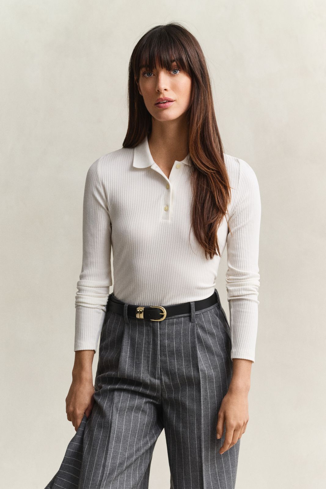 Slim Ribbed Polo Top - EGGSHELL