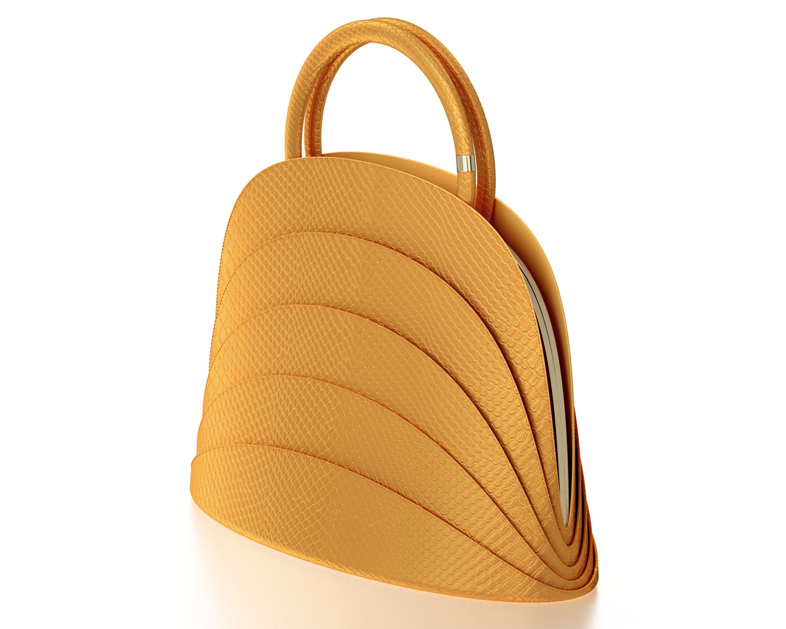 Millefoglie J handbag. Saffron-yellow python leather. Hawk’s eye gemstone. 24k gold-plated jewellery accents.