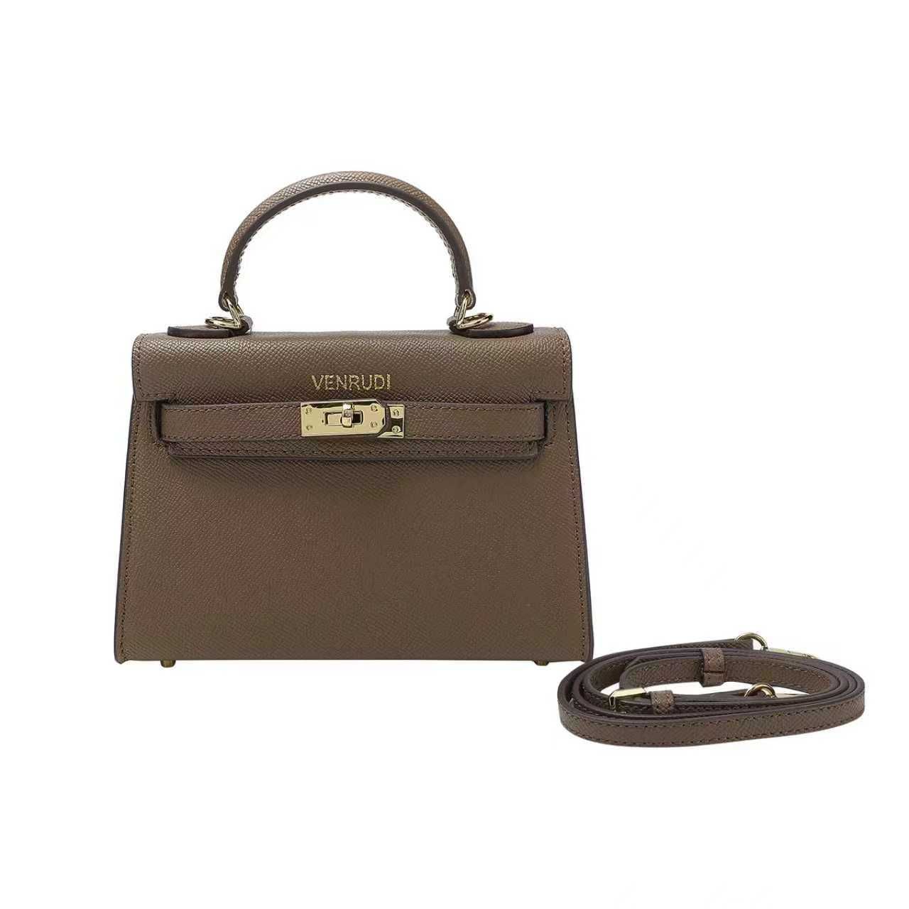 Brown Belt-Buckle Leather Handbag with Detachable Shoulder Strap