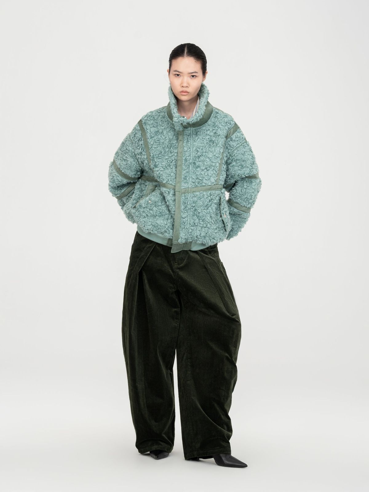 GREEN WASHED CORDUROY DECONSTRUCTED PANTS