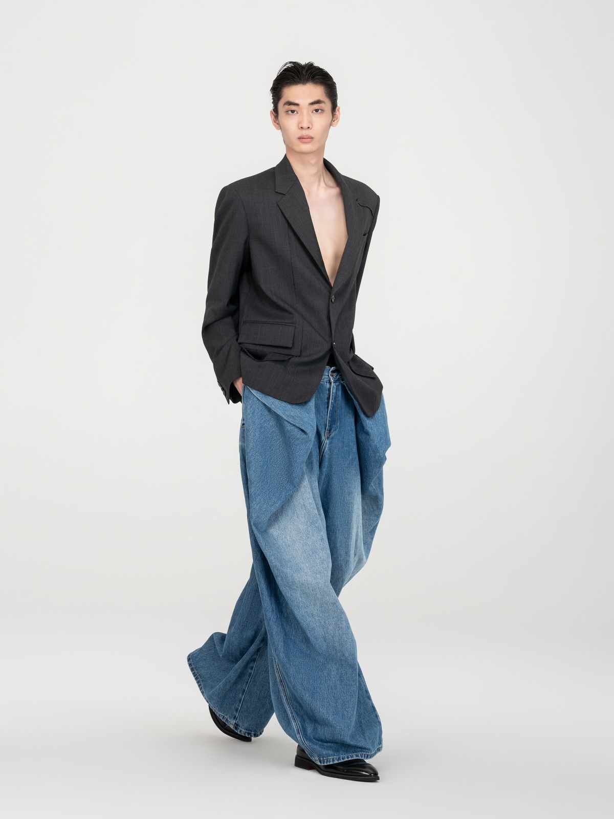 DARK GREY EXPOSED POCKET BAG RAW-EDGE TRIM WOOL BLAZER