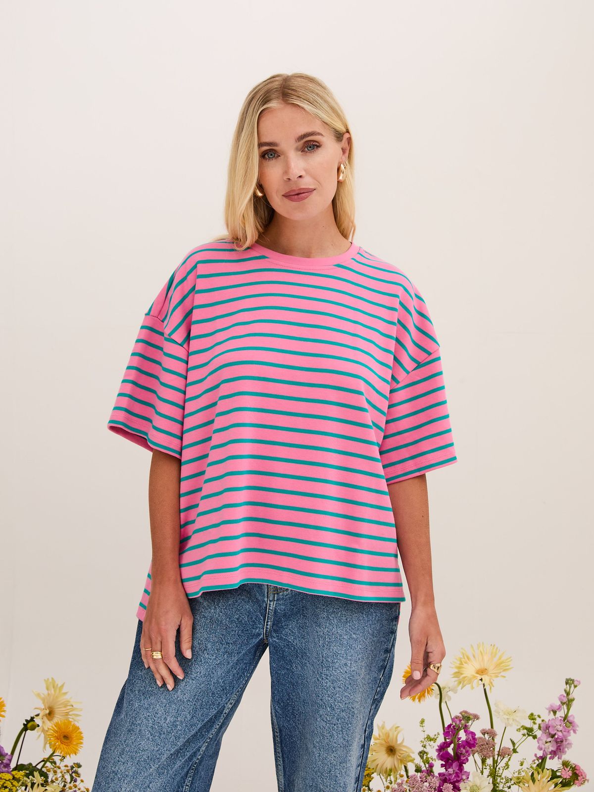 Sara Premium Cotton Pink & Green Striped T-shirt