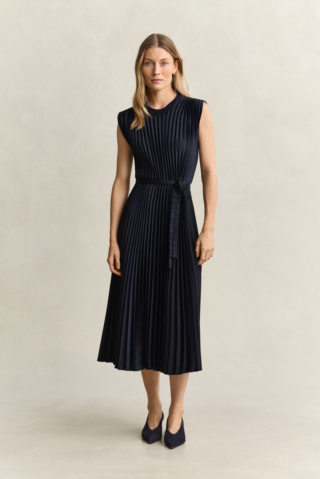 Pleated Belted Dress - EVENING BLUE