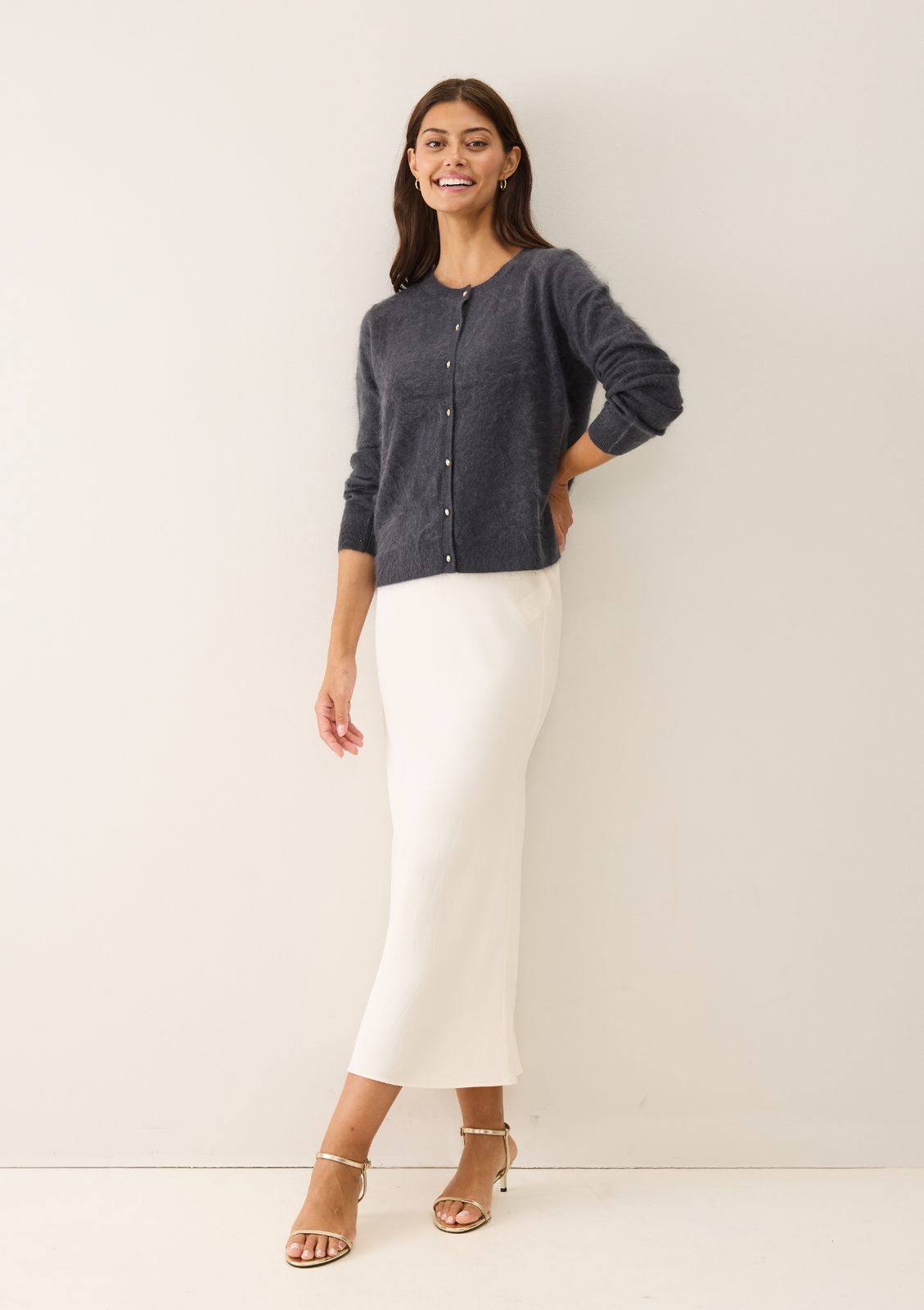 Brushed Cashmere Cardigan With Jewelled Buttons In Universe Grey