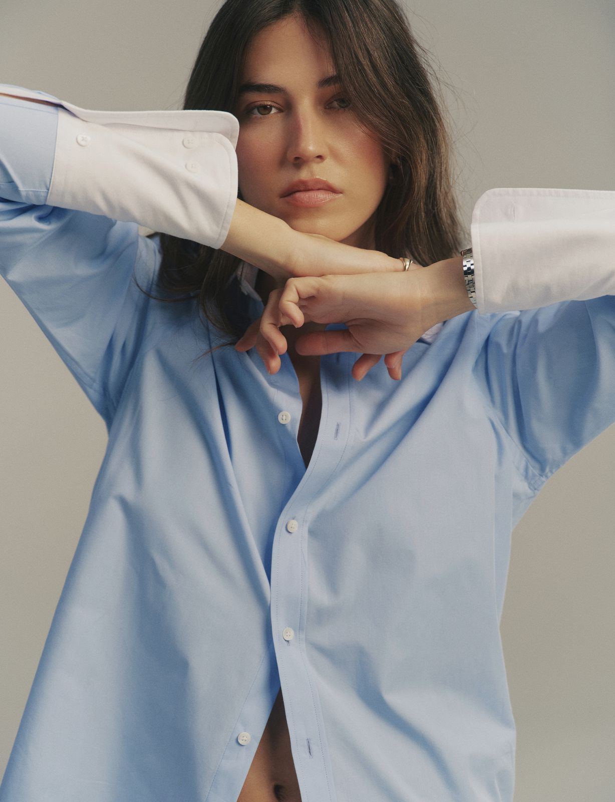 The Boyfriend Contrast Exaggerated Cuff And Collar: Fine Poplin, Sky Blue