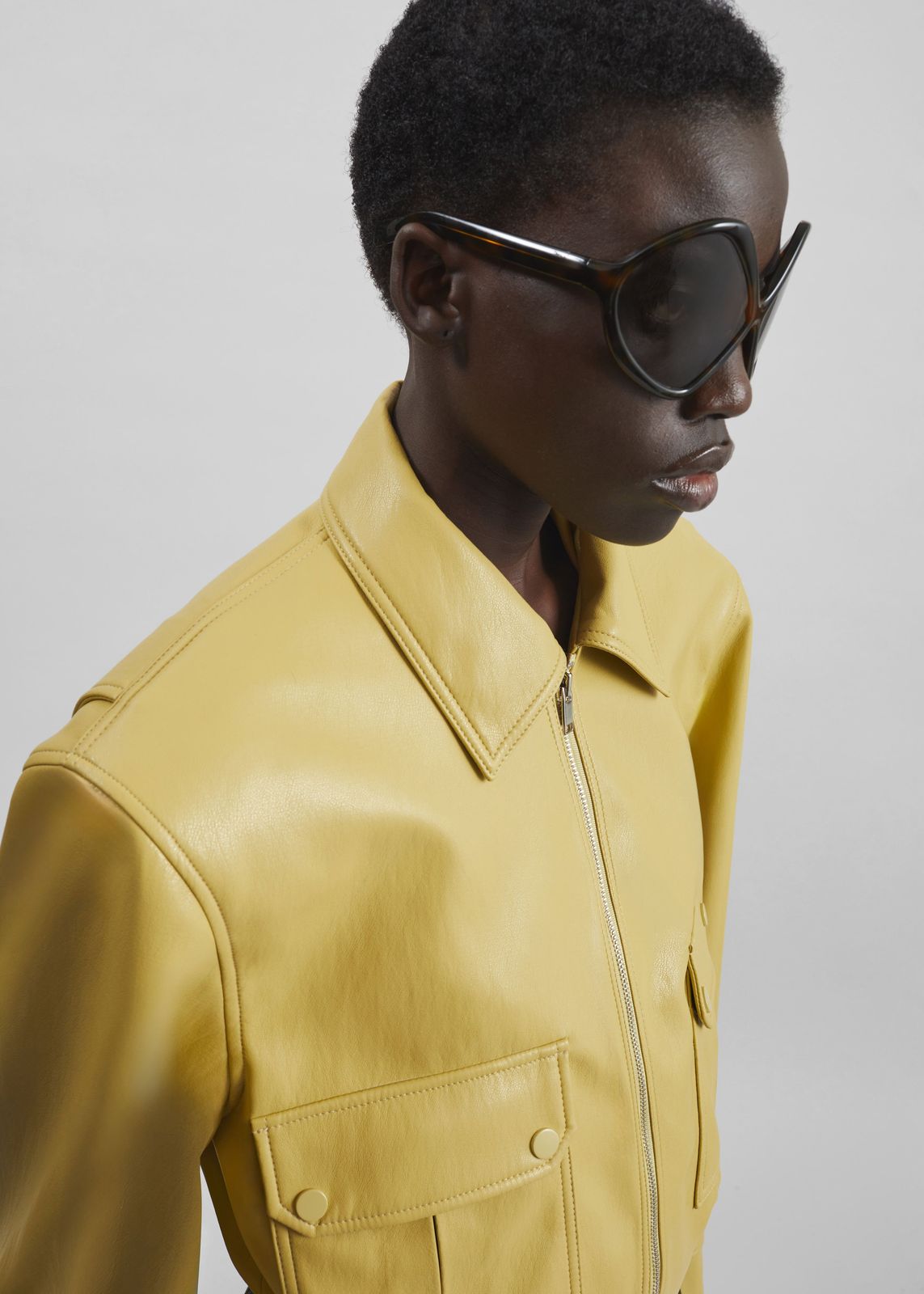Denain Faux Leather Cropped Bomber Jacket - Yellow