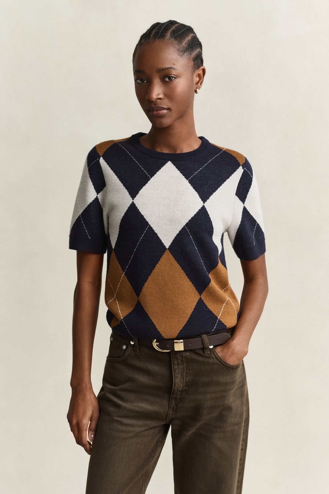 Wool Argyle Short Sleeve Sweater - EVENING BLUE