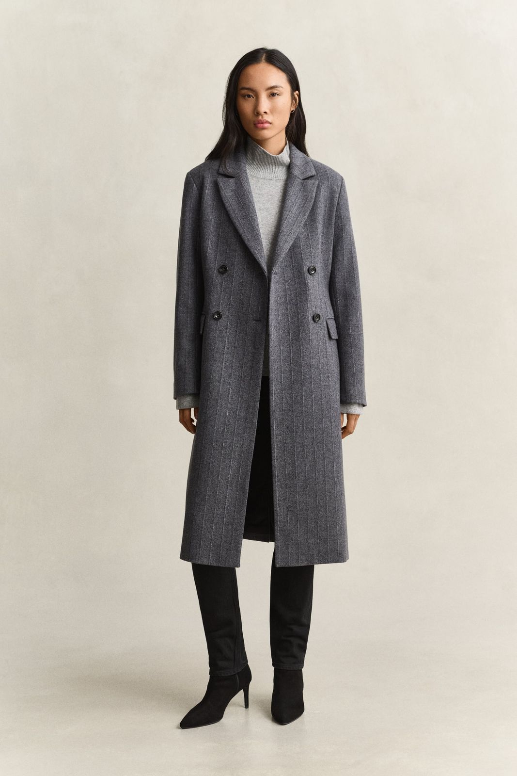 Striped Wool Blend Coat - CHARCOAL MELANGE