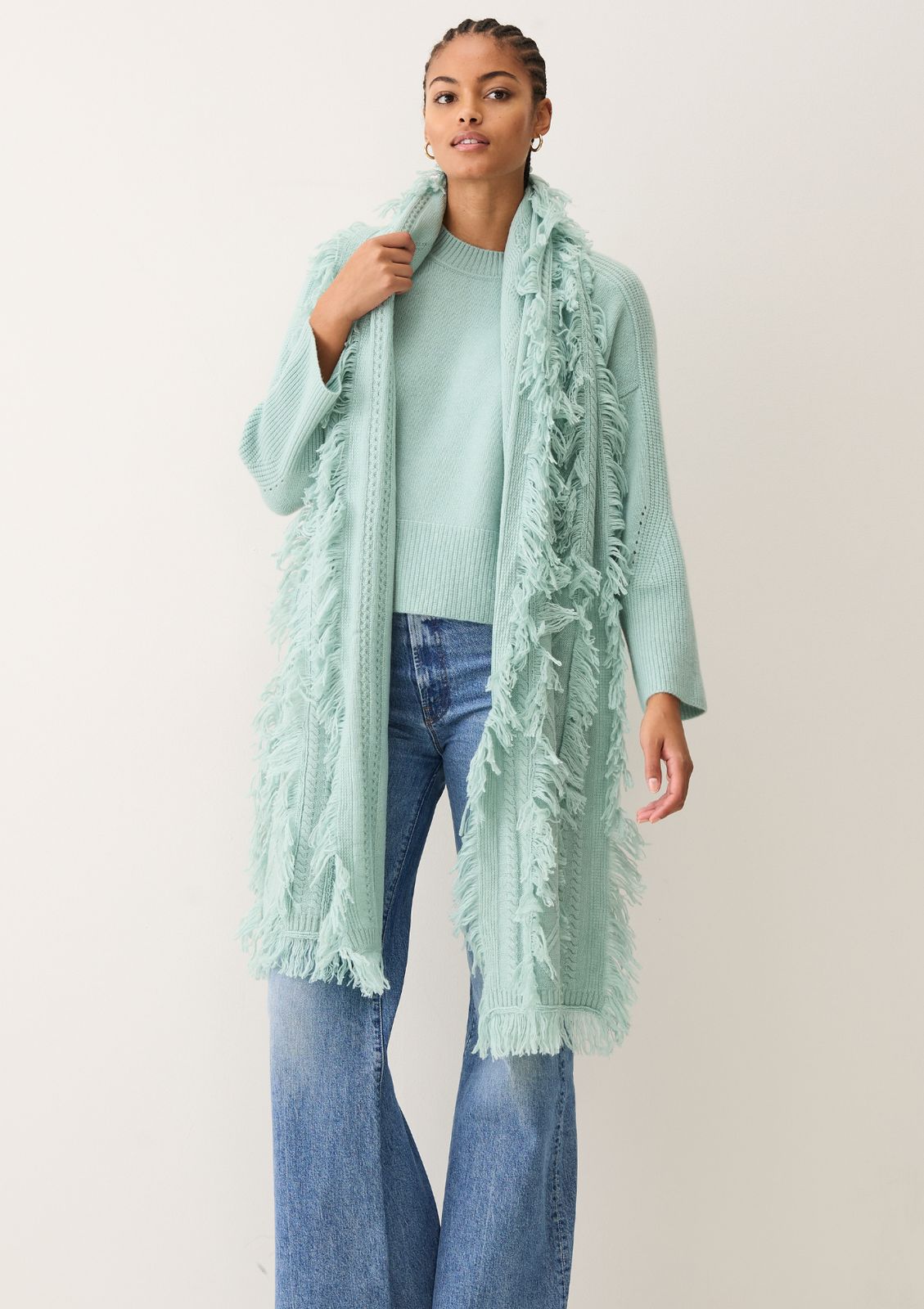 Fringed Cabled Scarf In Seafoam Green