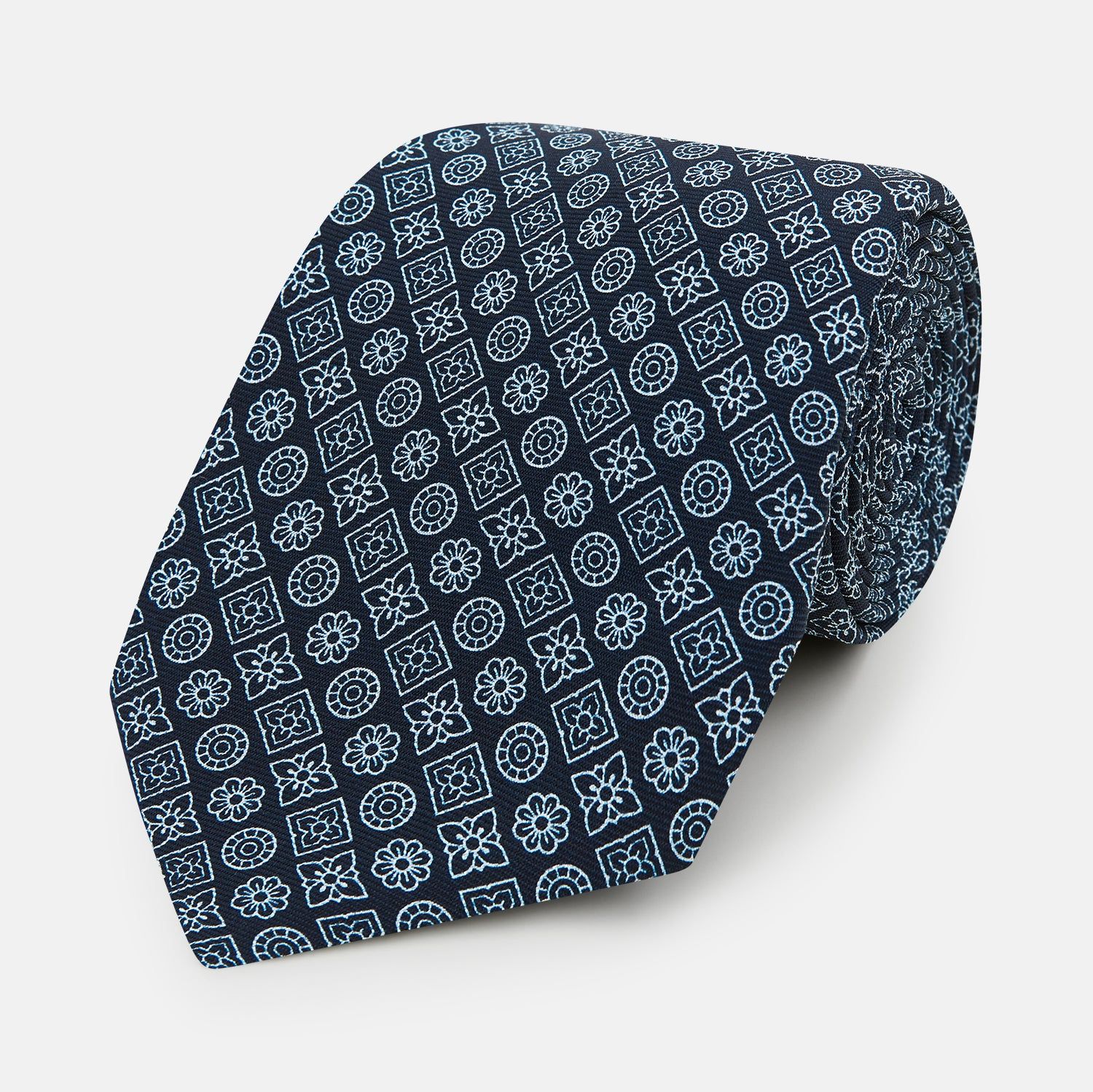 Navy Floral Tile Pattern Printed Silk Tie