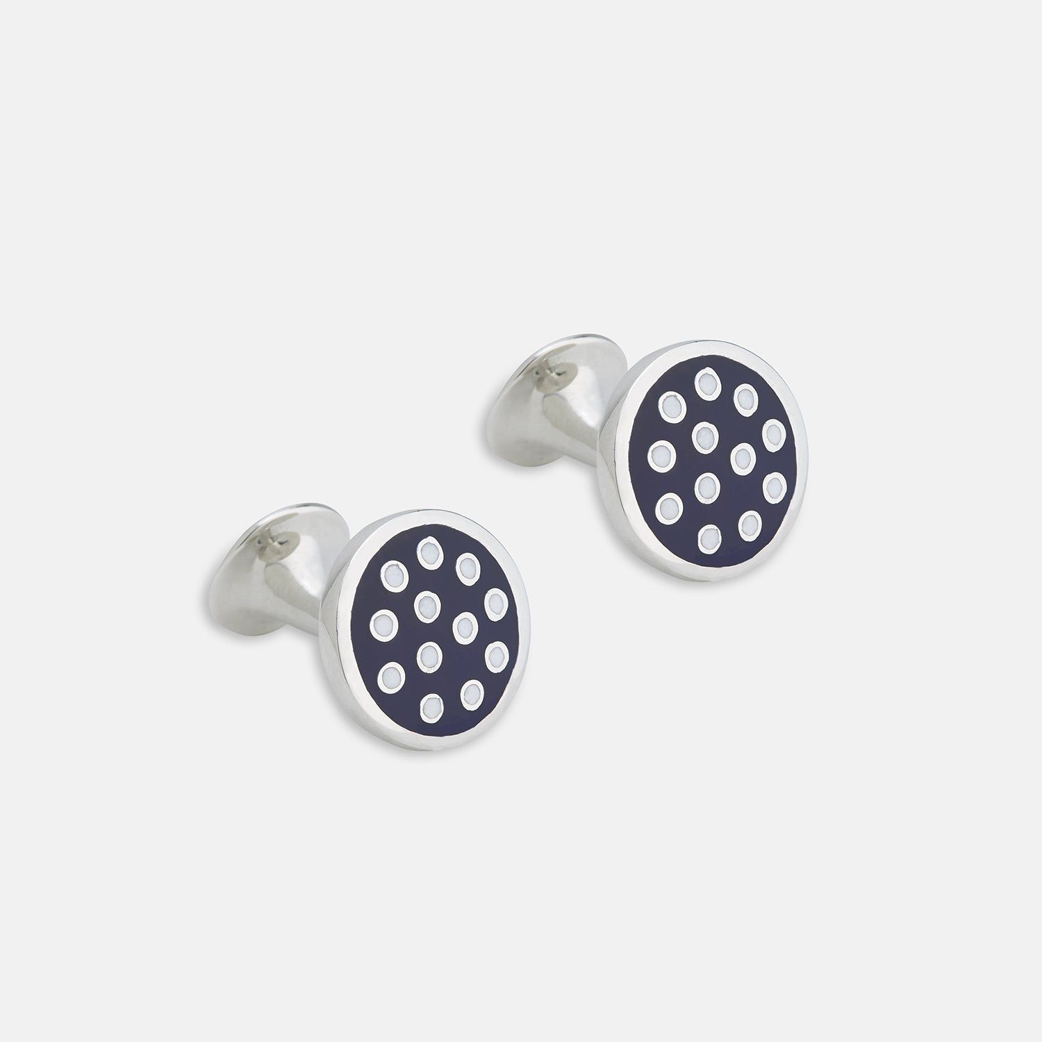 Spotted Navy And White Sterling Silver Enamelled Cufflinks