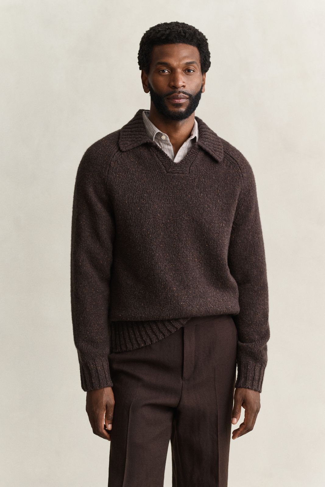 Wool Silk Blend Polo Sweater - DARK BROWN MELANGE