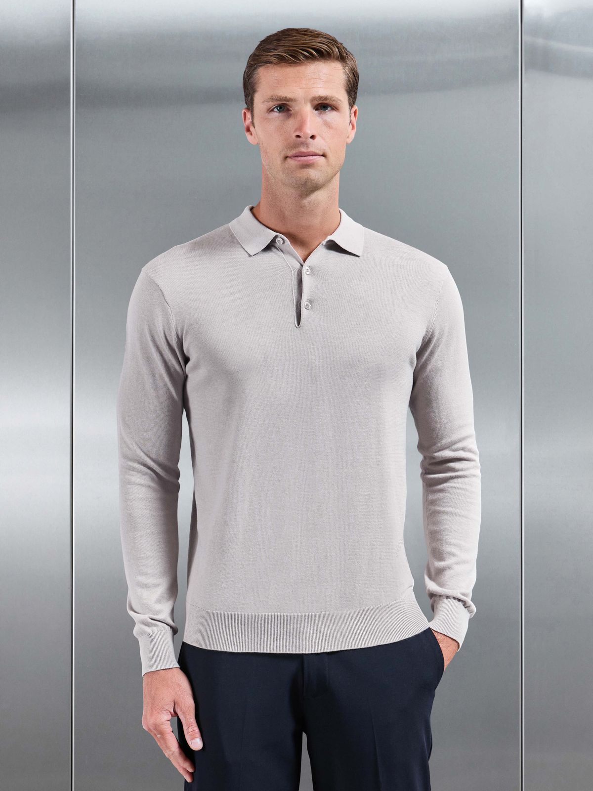 Cotton Knitted Long Sleeve Button Polo Shirt in Stone