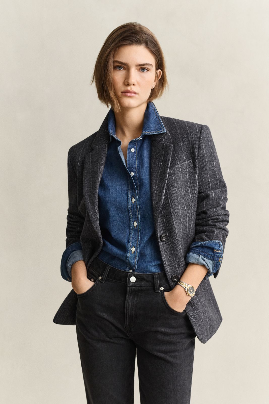 Pinstriped Hourglass Blazer - CHARCOAL MELANGE