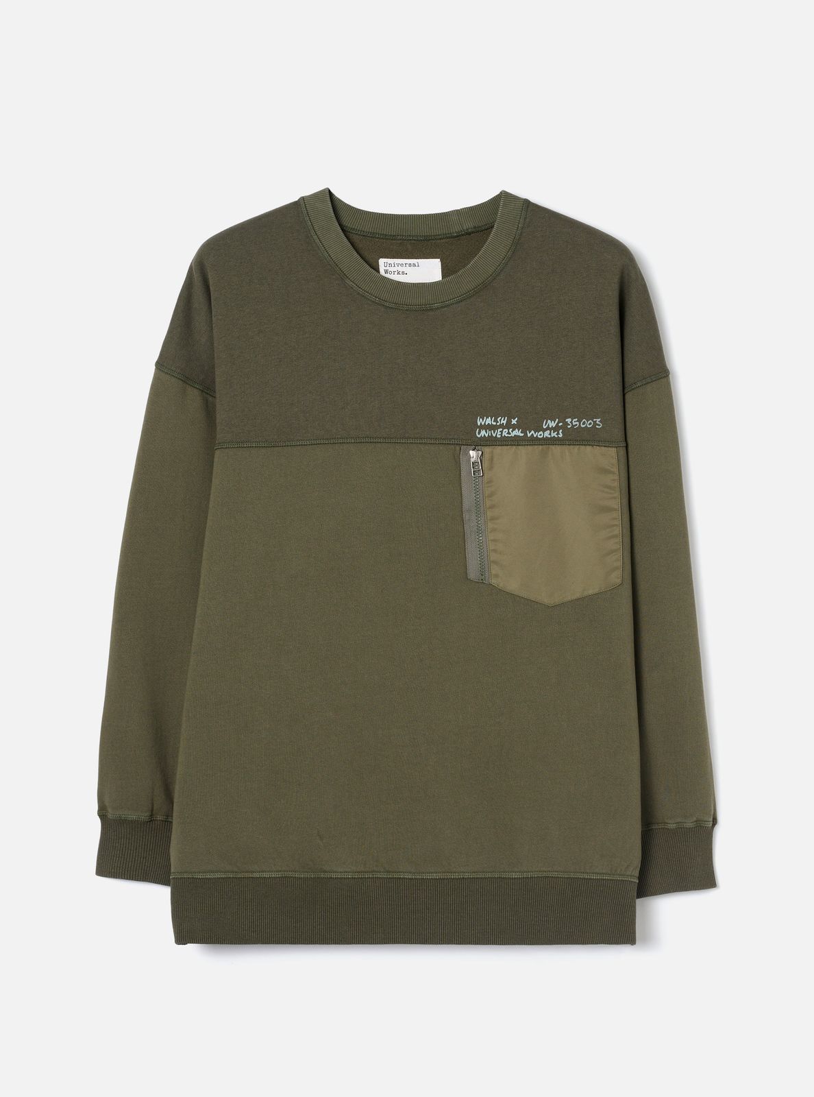 Walsh X Universal Works Olive Brushback Sweat Panelled Loose Sweatshirt