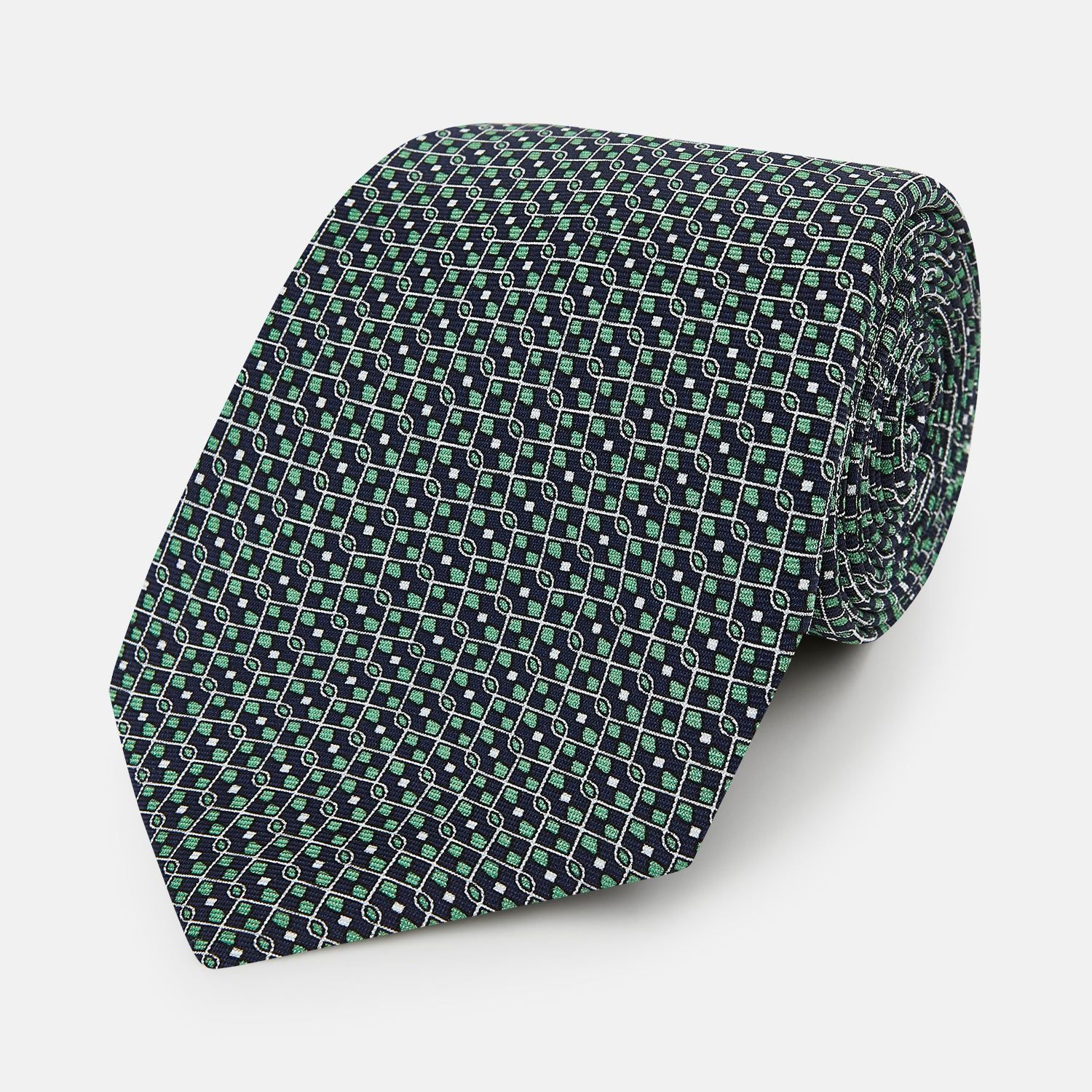 Kelly Green Geometric Lattice Damier Printed Silk Tie
