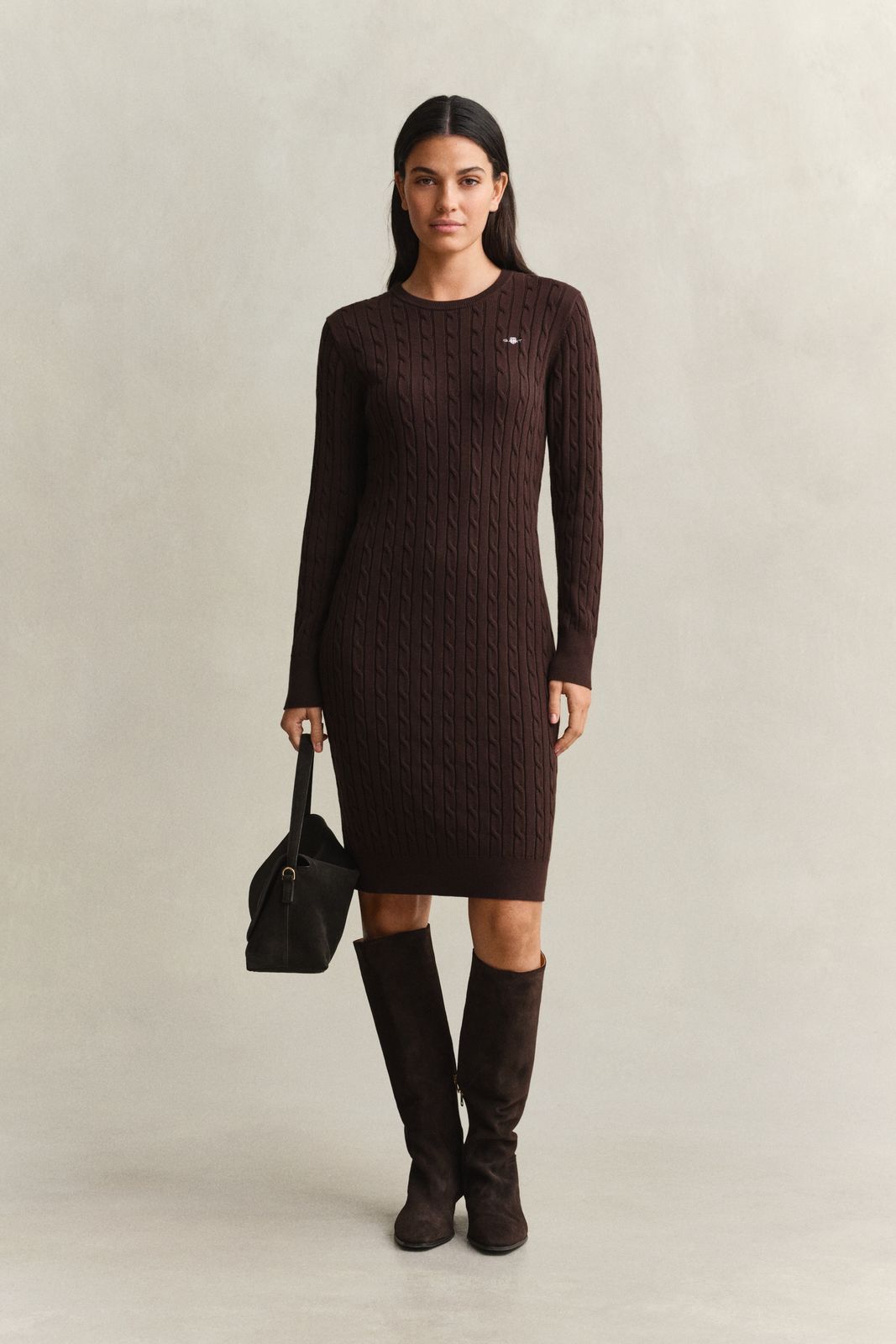 Stretch Cotton Cable Knit Crew Neck Dress - EVENING BLUE